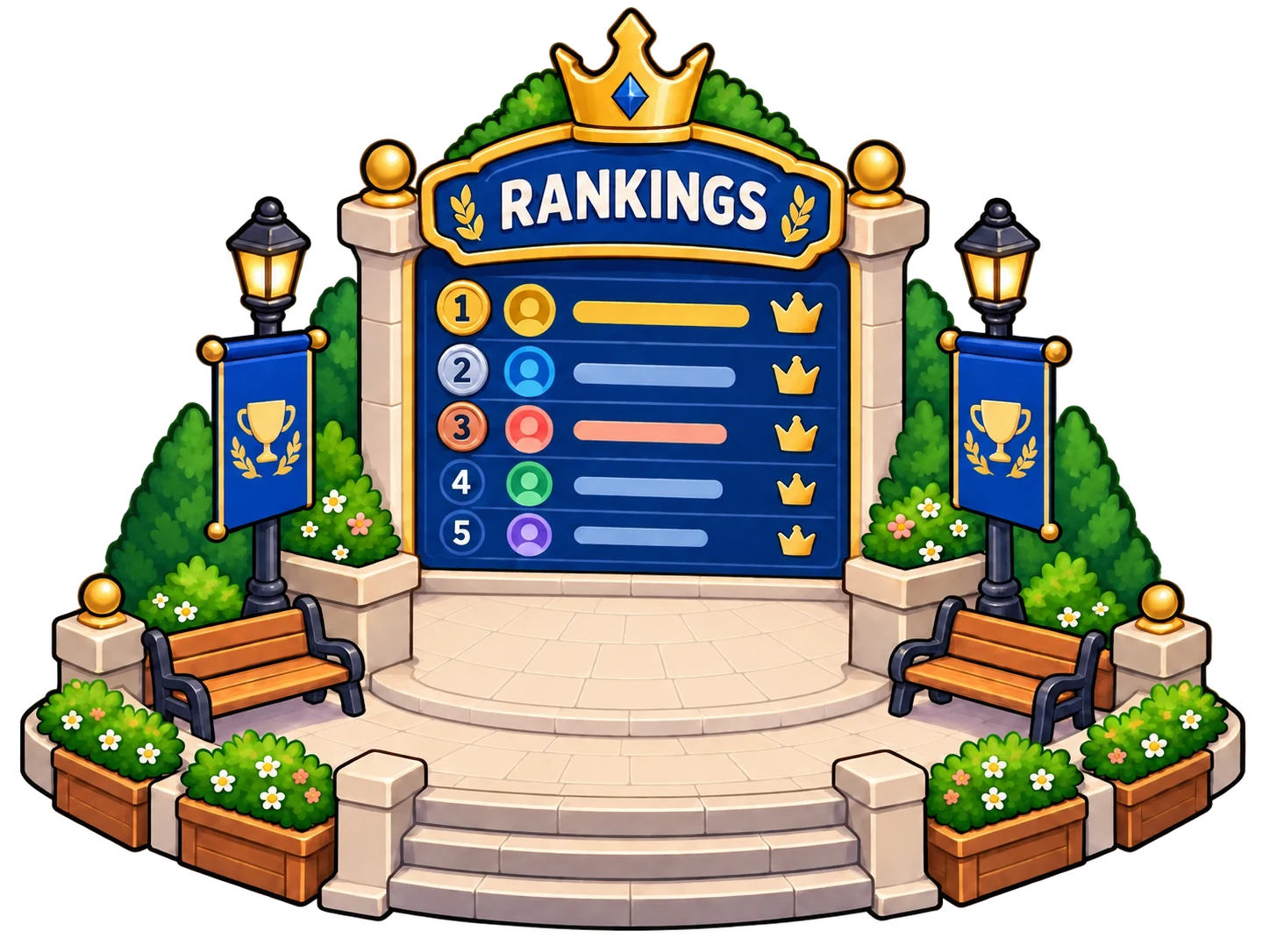 Illustrated rankings pavilion with a live leaderboard